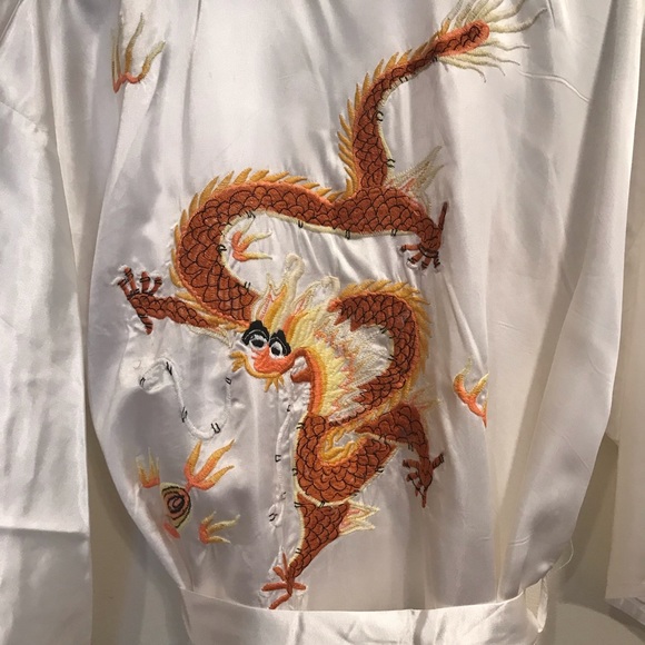 Unicorn Other - Vintage Silk Dragon Embroidered White Long Kimono Robe M